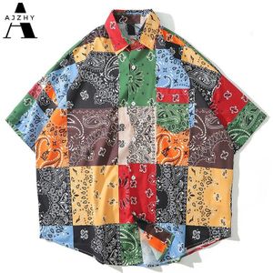Patchwork Bandana Print Streetwear Mannen Shirt Korte Mouw Tops Oversized Hip Hop Cashew Bloem Vintage Hawaiian Shirt Mode