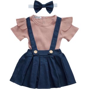 Pudcoco 3Pcs Baby Meisje Zomer Outfits Ruches Mouwloze Geribbelde Romper Tops + Denim Bib Rokken + Hoofdband Overall Kids kleding Set