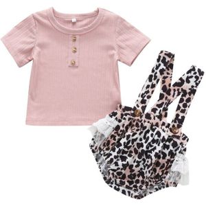 Baby Baby Meisjes Korte Mouwen Tops T-Shirts + Kant Luipaard Bib Broek Outfits