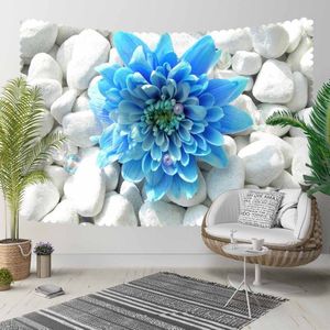 Anders Grijs Wit Pebble Stenen op Blauw Grote Bloemen 3D Print Decoratieve Hippi Bohemian Muur Opknoping Landschap Tapijt Muur Art