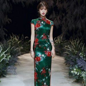 S-5XL Vrouwen Chinese Qipao Jurken Zomer Oosterse Cheongsam Chipao Lange Zijden High Green Rayon Elegante Avondjurk