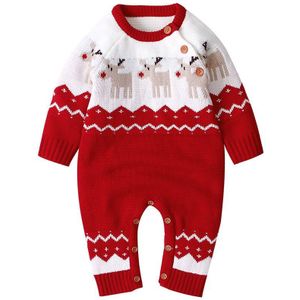 Focusnorm Baby Baby Meisjes Jongens Kerst Romper Lange Mouw Elanden Patroon Gedrukt Knit Warm Jumpsuit