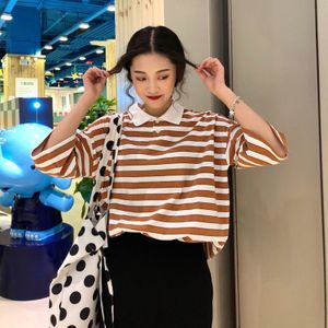 Zomer stijl korte mouwen Turn-down Kraag vrouwen grote size strepen losse Harajuku Half Vintage Katoen casual Top Polo