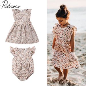 Gloednieuwe Pasgeboren Baby Meisje Zus Bijpassende Bloemen Kleding Ruches Mouwen Bloemen Print 2-8Y Leuke Jurk Of 0-24M Romper