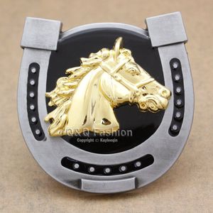 Mannen Gouden Paard Hoofd Verzilverd Hoefijzer Western Rodeo Emaille Trofee Gesp Uitwisseling Sieraden