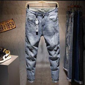 Mannen Ripped Casual Skinny Jeans Broeken Brand Man Streetwear Brief Gedrukt Verontruste Gat Grijs Denim Broek