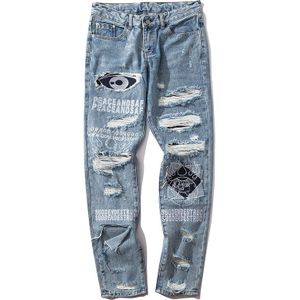 Aolamegs Mannen Jeans Patchwork Brief Afdrukken Gat Gescheurde Denim Jeans Mannen Casual Slim High Street Hip Hop Broek Broek Streetwear