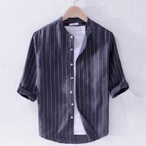 Retro Klassieke Streep 3/4 Lengte Mouw Casual Linnen Shirt Mannen Afslanken Shirt Mandarijn Kraag Blouses Koreaanse Stijl Mannelijke Kleding