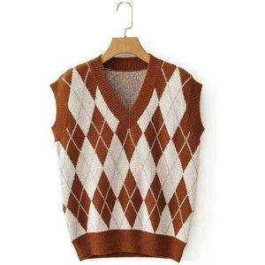 Casual Argyle Cropped Trui Vest Vrouwen Mouwloze Gebreide Trui Dames V-hals Preppy Stijl Plaid Tank Jumpers Herfst Winter