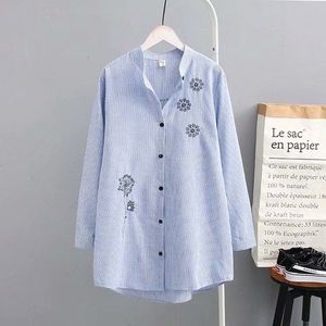 Moederschap Kleding Katoenen Shirt Zwangere vrouwen Voorjaar Shirt Lange Mouw Lange Grote Streep Borduren Vrouwen Top Plus Size