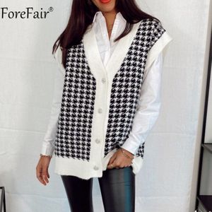 Forefair V-hals Mouwloze Houndstooth Trui Vest Vest Vrouwen Beige Casual Losse Gebreide Knop Herfst Winter Oversized