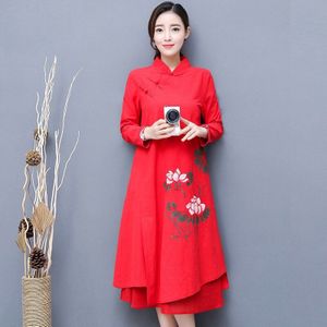 Elegante Chinese Jurken Katoen Linnen Stand Kraag Patchwork EEN Lijn Jurk Schilderen Casual Losse Vestido Gewaad Vintage Femme TA2123