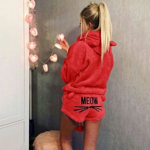 Vrouwen Shorts Set Coral Fluwelen Herfst Winter Tweedelige Pyjama Warm Nachtkleding Pak Leuke Kat Meow Patroon Hoodies Shorts