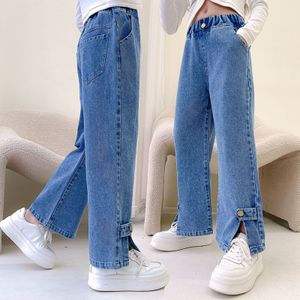 Lente Herfst Meisjes Jeans Kinderkleding Bottom Slit Denim Broek Voor Tiener Meisje Losse Kinderen Straight Broek