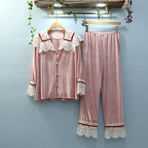 Goud Fluwelen Pyjama Set Koreaanse Stijl Thuis Kleding Vrouwen Nachtkleding Kant Pyjama Winter Herfst Pyjama Set Student Homewear