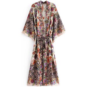 Fitshinling Vintage Print Kimono Strand Dragen Met Sjerpen Katoen Flare Mouw Slanke Cover-Up Lange Vest Jas