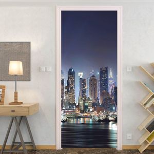 Moderne City Night View 3D Behang Deur Sticker Diy Zelfklevende Verwijderbare Home Decor Muurstickers Deur Stickers Muur muurschilderingen