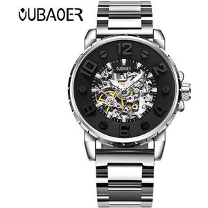 Oubaoer Skeleton Versnelling Automatische Mechanische Horloges Heren Luxe Zwart Rvs Horloges