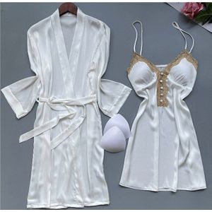 Wit 2Pcs Rayon Vrouwen Robe Gown Set Sexy V-hals Kimono Badjas &amp; Nachthemd Slaap Pak Lace Bloemen Trim Knop lounge Nachtjapon