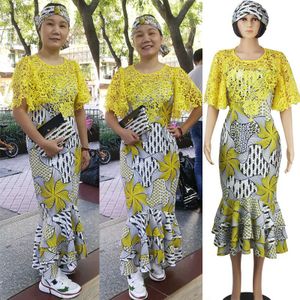 Afrikaanse vrouwen jurk tweedelige zijden afdrukken wax doek printen Afrikaanse kleding tas hip lange jurk jurk d181212