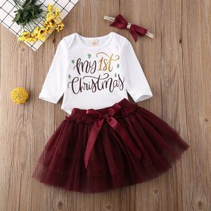 Mijn 1st Kerstmis Pasgeboren Baby Meisje Lange Mouw Brief Romper Tutu Mesh Rok Set Outfits Xmas Meisjes Kleding