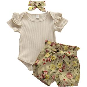 3 Pcs Pasgeboren Baby Meisjes Kleding Geribbelde Romper Top Broek Shorts Hoofdband Zomer Bloemen Outfits