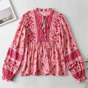 Boho Geïnspireerd Vrouwen Bloemen Gedrukt V-hals Gebonden Boho Blouse Shirts Dames Katoen Lange Mouwen Blouses Bohemian Vrouwen Tops