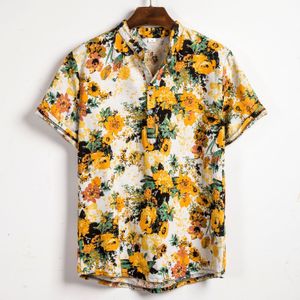 Zomer Mannen Gele Bloem Print Shirts Hawaiian Shirt Korte Mouw Stand Kraag Shirt Casual Slim Fit Chemise Homme