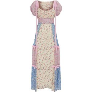 BOHO GEÏNSPIREERD Bloemen Patchwork zomer Jurk pofmouwen chic boho jurk voor vrouwen Lange linten vierkante hals jurk vrouwelijke