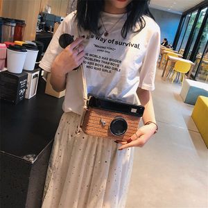 Koreaanse Stijl Camera Vormige Reizen Telefoon Tas Outdoor Reizen Packs Vrouw Meisje Mini Stro Weven Crossbody Tas