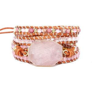 Trendy Lederen Wrap Armband Natuursteen Roze Kristal Armband Voor Vrouwen Bohemen Stijl Handgemaakte Sieraden Accessoire