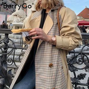 Berrygo Casual Revers Vrouwen Trenchcoat Double Breasted Stiksels Plaid Vrouwelijke Loopgraven High Street Style Dames Lange Overjassen