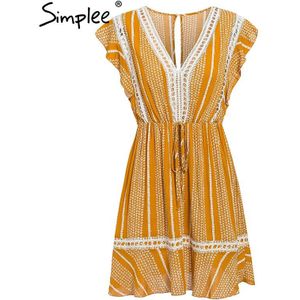 Simplee Vrouwen Mouwloze Boho Jurk Bloemenprint Ruches Hoge Taille Zomerjurk Strand Dragen Casual Chic Katoen Een Lijn Mini jurk