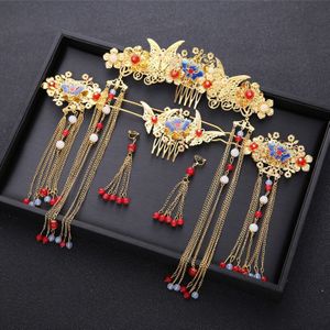 Chinese Bruid Hoofdtooi Set Omzoomd Lange Tiara Rode Oude Phoenix Kroon Bruiloft Haar Accessoires