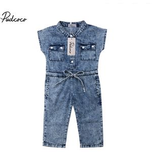 Gloednieuwe Zomer Peuter Meisje Mode Jumpsuits Denim Blauw Korte Mouw Single Breasted Elastische Riem Romper 1-6Y