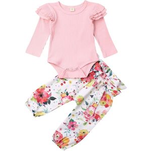 Baby Lente Herfst Kleding Pasgeboren Baby Meisje Vliegen Lange Mouw Romper Tops + Bloemen Leggings 2 Stuks Set Kleding outfit