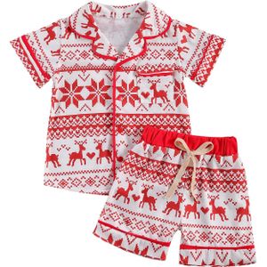 1-6Y Kerst Kinderen Jongens Meisjes Pyjama Sets Korte Mouwen Single Breasted Shirts Tops Shorts 2 Stuks Homewear