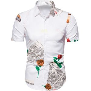 Vintage Wit Overhemd Mannen Korte Mouwen Zomer Rose Bloemen Brief Print Chemises Steampunk Shirt Mens Causale Streetwear