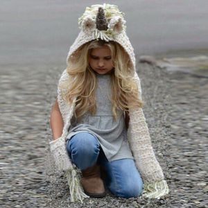 Brand Kids Meisjes Eenhoorn Hooded Sjaal Animal Capuchon Winter Cowl Haak Gebreide Beanie Hat Kid