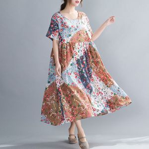 Dimanaf Oversize Zomer Vrouwen Jurk Zonnejurk Print Bloemen Beach Style Lady Vestidos Katoen Casual Losse Plus Size Kleding