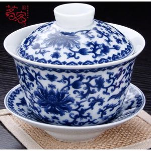 Blauw en Wit Kung Fu Thee Chinese Porselein Kommen en Kopjes dikwandige Keramiek Drie Kommen Grote Jingcha Bowls met deksel