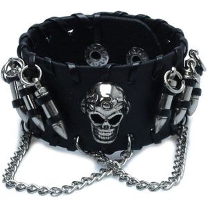 Zwarte Mannen Gothic Pu Lederen Bullet Skull Chain Polsband Armbanden Voor Mannen