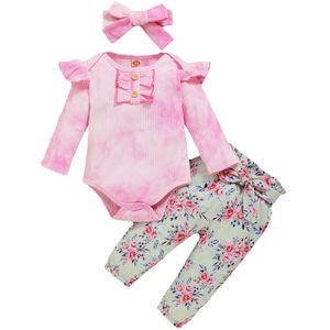 0-18M Pasgeboren Baby Meisje Kleding Set Knit Lange Mouwen Tie Dye Romper Bloemenprint Broek Hoofdband Katoen 3Pcs Outfit Kleding Pak