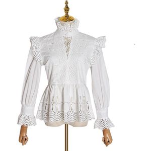 Twotwinstyle Vintage Hollow Out Lace Blouse Voor Vrouwen Revers Kraag Flare Lange Mouwen Hoge Taille Ruche Overhemd Vrouwelijke Mode