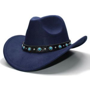 Kid Kind Retro 100% Wol Brede Rand Cowboy Western Cowgirl Bolhoed Fedora Cap Turquoise Bead Vintage Lederen Band 54cm/Aanpassen