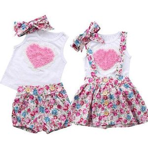 Familie Bijpassende Peuter Infant Baby Meisjes Kant Liefde Hart Afdruk T-shirt Tops + Bloemen Broek/Rokken Jurk Outfits Kleding set