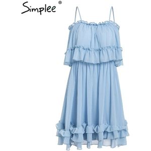 Simplee Elegante Off Shoulder Vrouwen Jurk Ruffle Strap Chiffon Zomer Jurken Casual Vrouwelijke Blauw Korte Vestidos