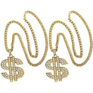 2 Pcs Pretend Play Speelgoed Hip Hop Kostuum Rapper Accessoires Dollar Sign Gouden Ketting Ring Legering Ketting Voor Party (Gouden)