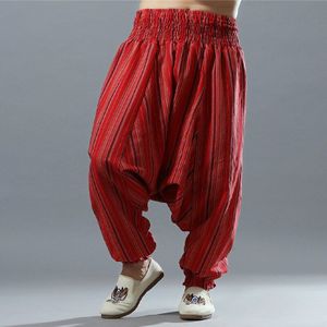 Rood Gestreept Katoen Linnen Heren Elastische Taille Harem Wijde Pijpen Aladdin Broek Broek Mannelijke Big Kruis Hippy Casual Losse broek