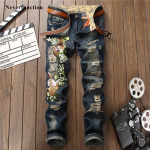 Mannen Vintage Ripped Tijger Borduurwerk Streetwear Slim Fit Jeans Broek Gaten Vernietigd Casual Katoen Joggers Denim Broek